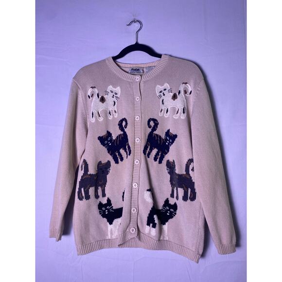 Northern Reflections Cats Knit Cream Button Front Cardigan Sweater Womens Medium - Picture 1 of 3